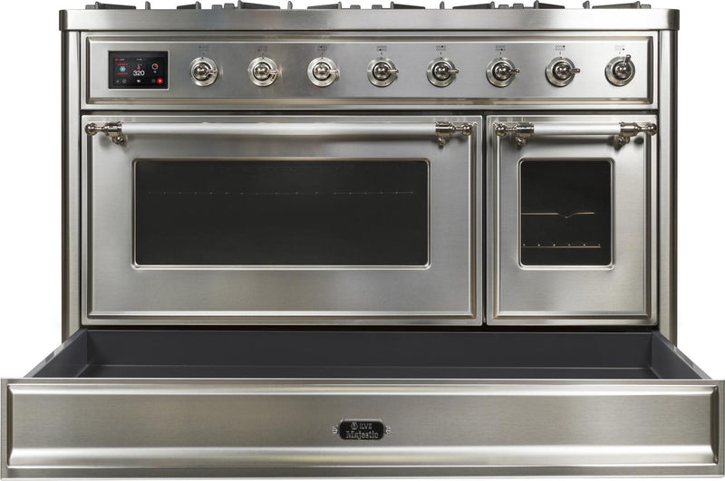 ILVE 48" Majestic II Dual Fuel Range with 8 Burners and Griddle - 5.02 cu. ft. Oven - Chrome Trim in Stainless Steel (UM12FDNS3SSC) Ranges ILVE 