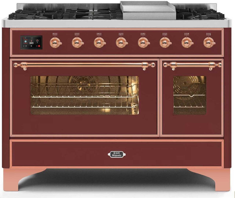 ILVE 48" Majestic II Dual Fuel Range with 8 Burners and Griddle - 5.02 cu. ft. Oven - Copper Trim in Burgundy (UM12FDNS3BUP) Ranges ILVE 