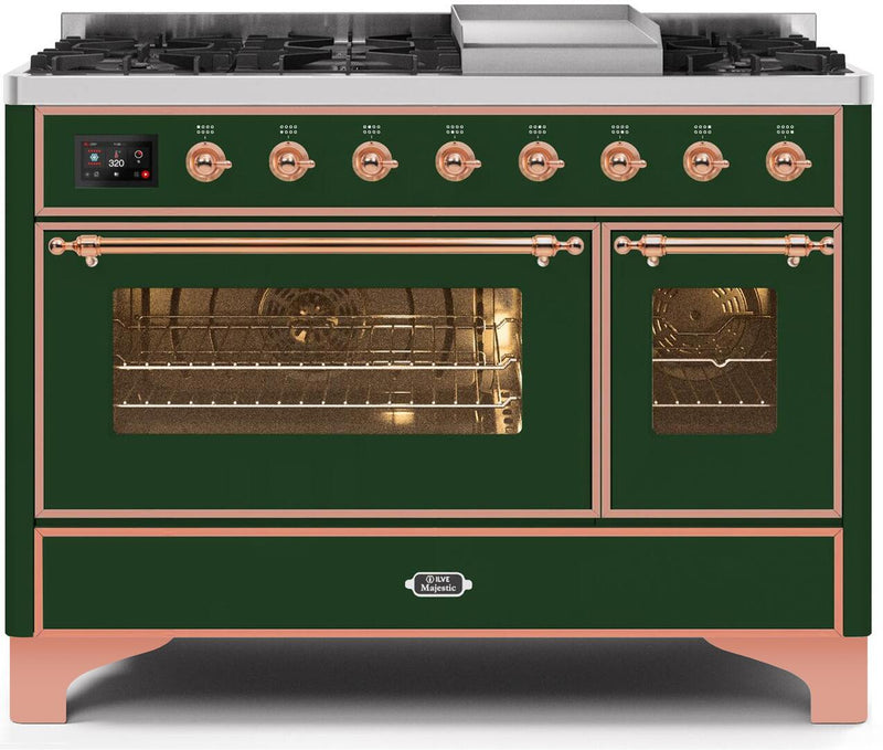 ILVE 48" Majestic II Dual Fuel Range with 8 Burners and Griddle - 5.02 cu. ft. Oven - Copper Trim in Emerald Green (UM12FDNS3EGP) Ranges ILVE 
