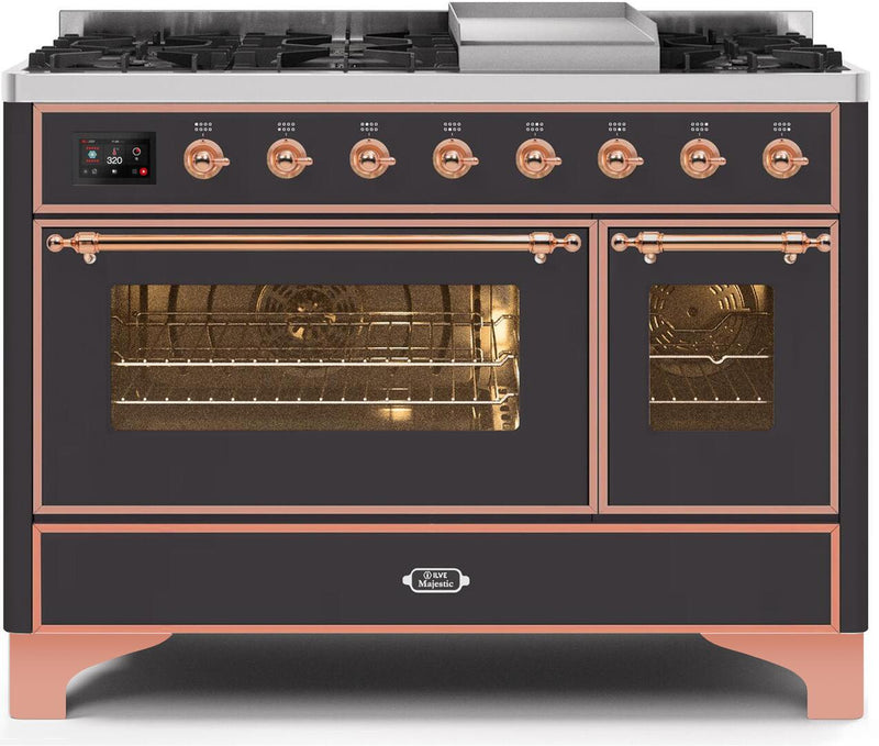 ILVE 48" Majestic II Dual Fuel Range with 8 Burners and Griddle - 5.02 cu. ft. Oven - Copper Trim in Matte Graphite (UM12FDNS3MGP) Ranges ILVE 