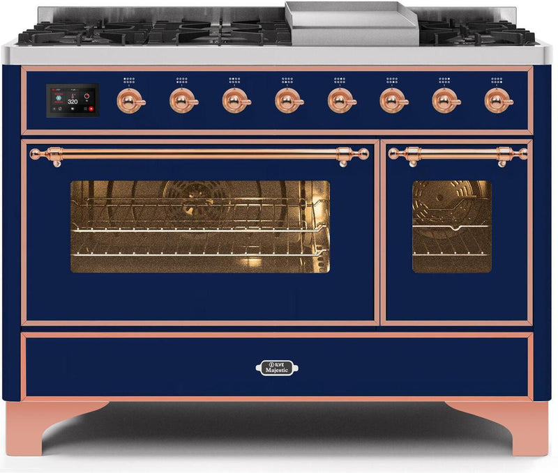 ILVE 48" Majestic II Dual Fuel Range with 8 Burners and Griddle - 5.02 cu. ft. Oven - Copper Trim in Midnight Blue (UM12FDNS3MBP) Ranges ILVE 