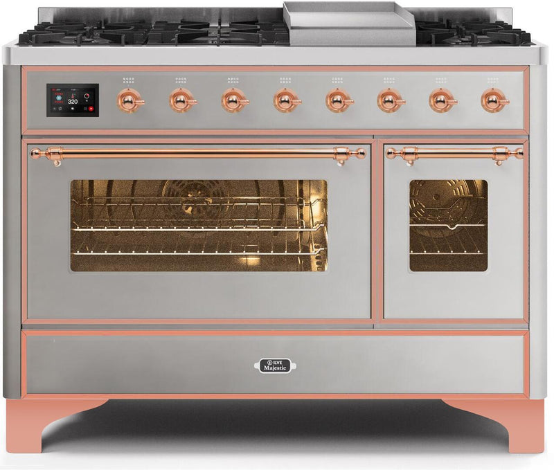 ILVE 48" Majestic II Dual Fuel Range with 8 Burners and Griddle - 5.02 cu. ft. Oven - Copper Trim in Stainless Steel (UM12FDNS3SSP) Ranges ILVE 