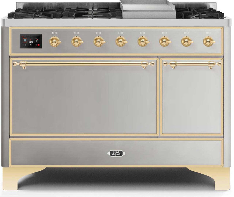 ILVE 48" Majestic II Dual Fuel Range with 8 Sealed Brass Burners and Griddle - 5.62 cu. ft. Oven - Brass (UM12FDQNS3SSG) Ranges ILVE 