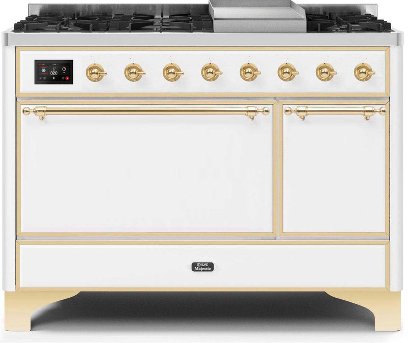 ILVE 48" Majestic II Dual Fuel Range with 8 Sealed Brass Burners and Griddle - 5.62 cu. ft. Oven - Brass (UM12FDQNS3WHG) Ranges ILVE 