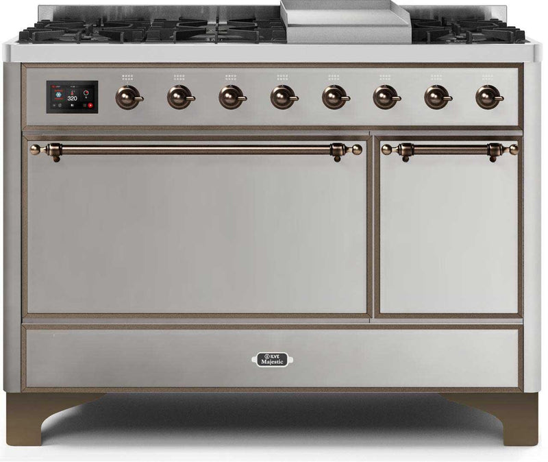 ILVE 48" Majestic II Dual Fuel Range with 8 Sealed Brass Burners and Griddle - 5.62 cu. ft. Oven - Bronze (UM12FDQNS3SSB) Ranges ILVE 