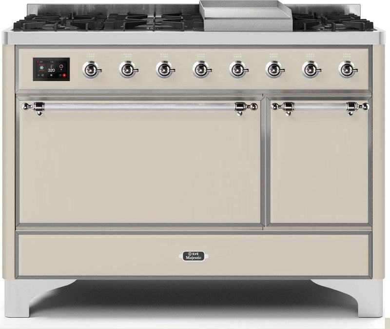 ILVE 48" Majestic II Dual Fuel Range with 8 Sealed Brass Burners and Griddle - 5.62 cu. ft. Oven - Chrome (UM12FDQNS3AWC) Ranges ILVE 