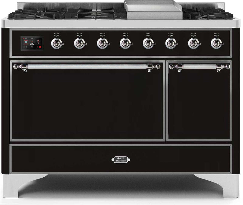 ILVE 48" Majestic II Dual Fuel Range with 8 Sealed Brass Burners and Griddle - 5.62 cu. ft. Oven - Chrome (UM12FDQNS3BKC) Ranges ILVE 