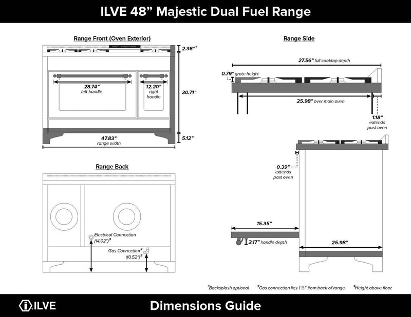 ILVE 48" Majestic II Dual Fuel Range with 8 Sealed Brass Burners and Griddle - 5.62 cu. ft. Oven - Chrome (UM12FDQNS3BUC) Ranges ILVE 
