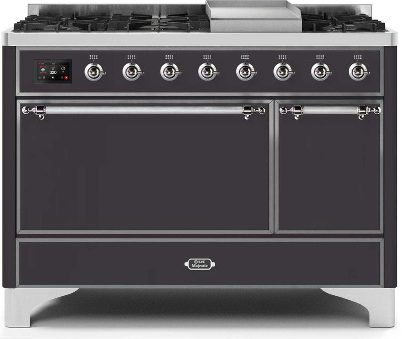 ILVE 48" Majestic II Dual Fuel Range with 8 Sealed Brass Burners and Griddle - 5.62 cu. ft. Oven - Chrome (UM12FDQNS3MGC) Ranges ILVE 