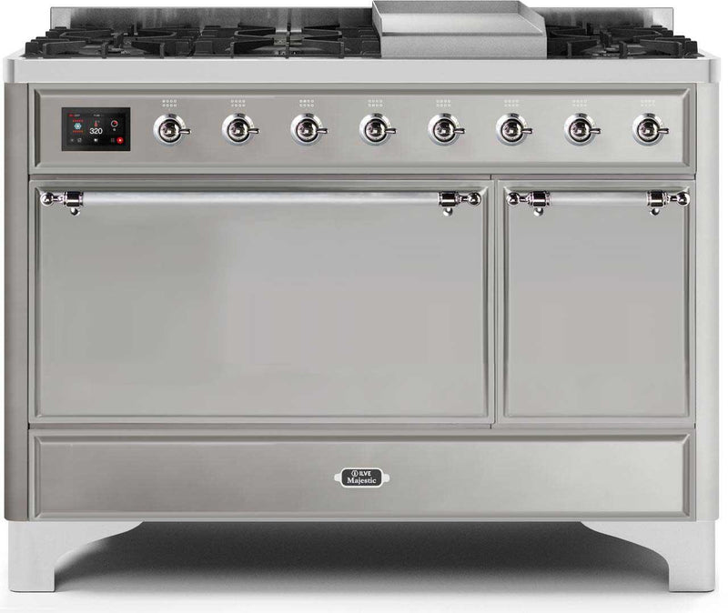 ILVE 48" Majestic II Dual Fuel Range with 8 Sealed Brass Burners and Griddle - 5.62 cu. ft. Oven - Chrome (UM12FDQNS3SSC) Ranges ILVE 