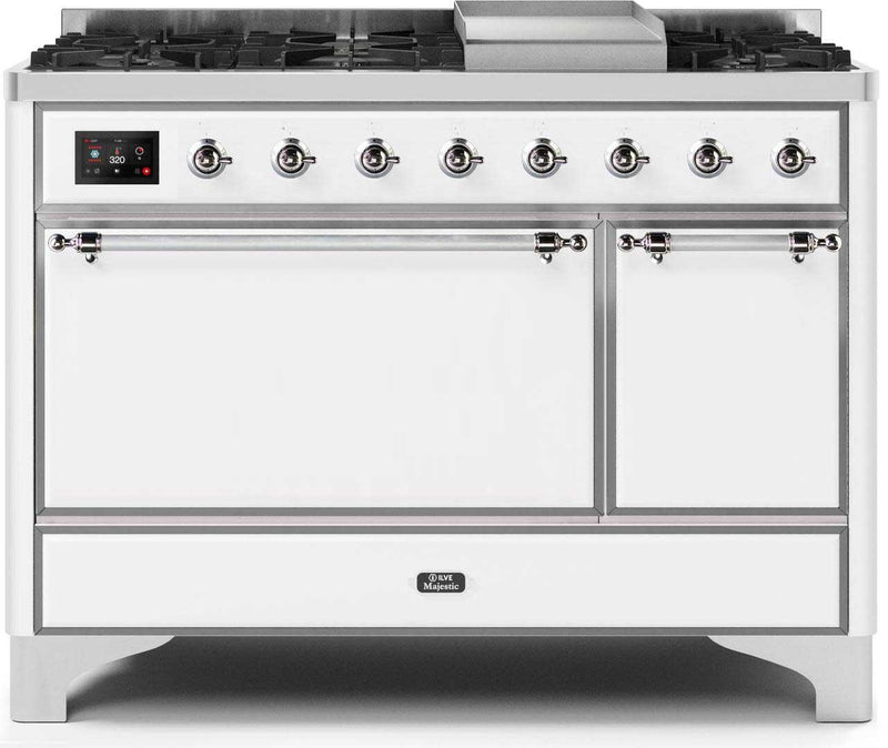 ILVE 48" Majestic II Dual Fuel Range with 8 Sealed Brass Burners and Griddle - 5.62 cu. ft. Oven - Chrome (UM12FDQNS3WHC) Ranges ILVE 