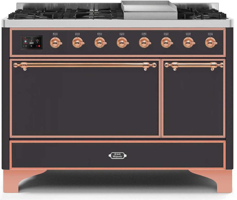 ILVE 48" Majestic II Dual Fuel Range with 8 Sealed Brass Burners and Griddle - 5.62 cu. ft. Oven - Copper (UM12FDQNS3MGP) Ranges ILVE 