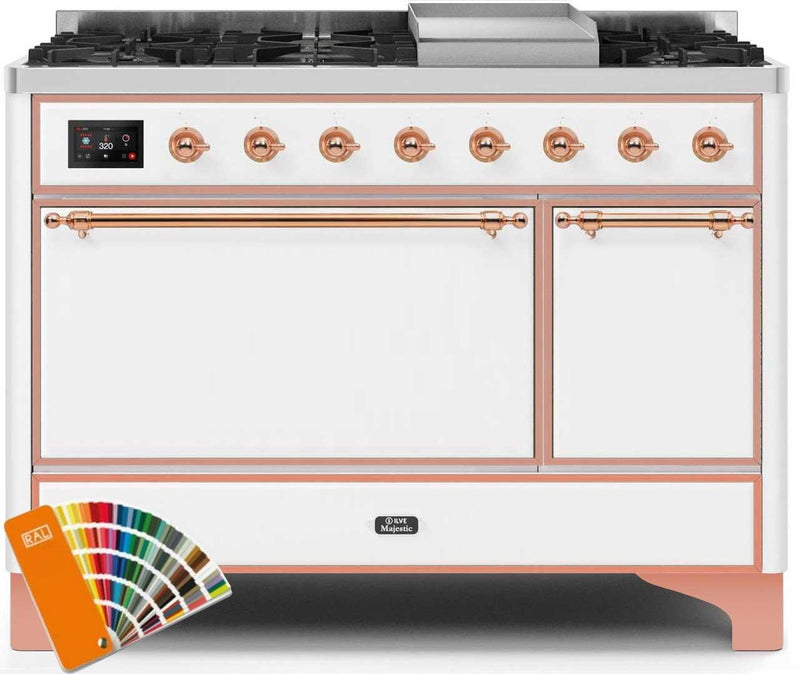 ILVE 48" Majestic II Dual Fuel Range with 8 Sealed Brass Burners and Griddle - 5.62 cu. ft. Oven - Copper (UM12FDQNS3RA) Ranges ILVE 