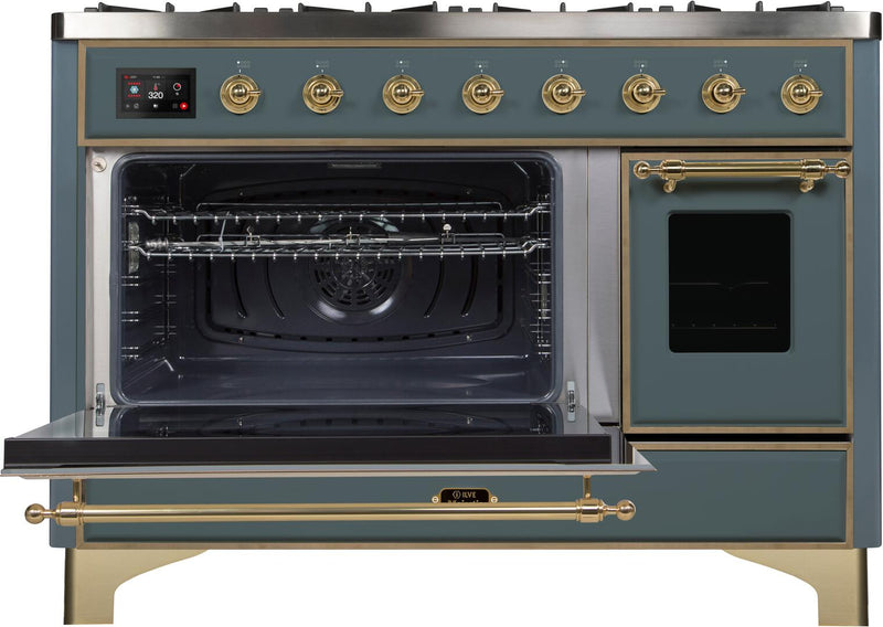 ILVE 48" Majestic II Dual Fuel Range with 8 Sealed Brass Burners and Griddle - 5.62 cu. ft. Oven - in Blue Grey with Brass Trim (UM12FDNS3BGG) Ranges ILVE 