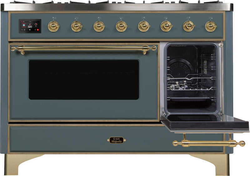 ILVE 48" Majestic II Dual Fuel Range with 8 Sealed Brass Burners and Griddle - 5.62 cu. ft. Oven - in Blue Grey with Brass Trim (UM12FDNS3BGG) Ranges ILVE 