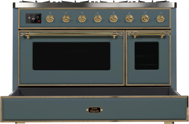 ILVE 48" Majestic II Dual Fuel Range with 8 Sealed Brass Burners and Griddle - 5.62 cu. ft. Oven - in Blue Grey with Brass Trim (UM12FDNS3BGG) Ranges ILVE 