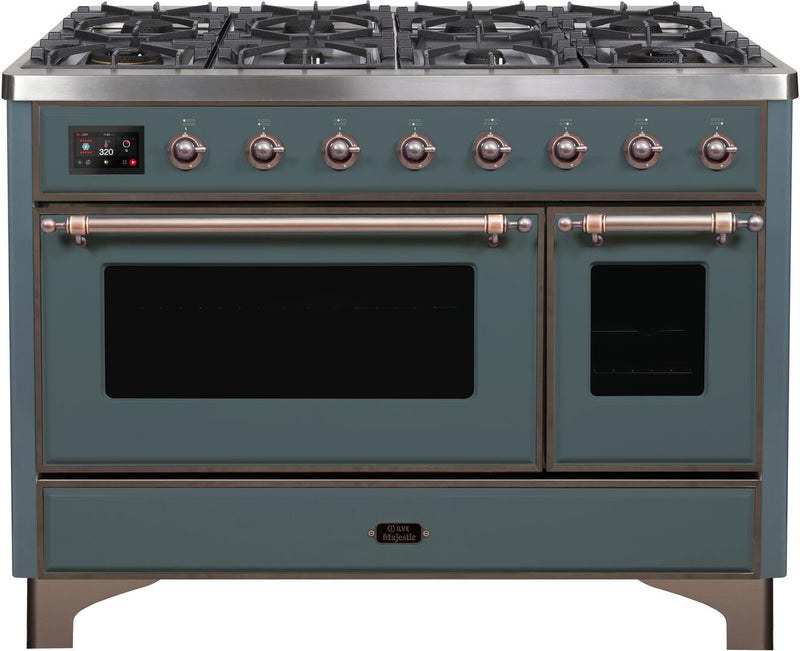 ILVE 48" Majestic II Dual Fuel Range with 8 Sealed Brass Burners and Griddle - 5.62 cu. ft. Oven - in Blue Grey with Bronze Trim (UM12FDNS3BGB) Ranges ILVE 