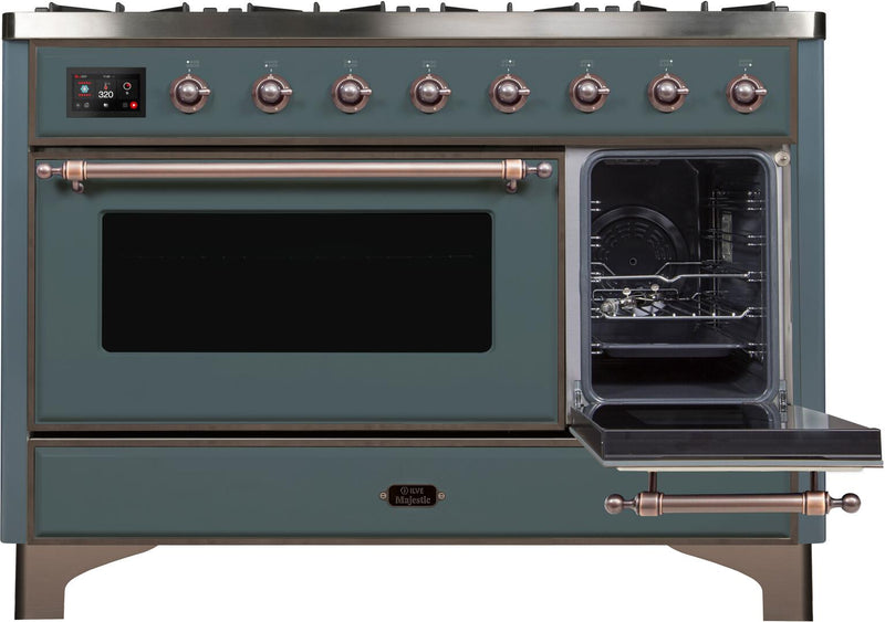 ILVE 48" Majestic II Dual Fuel Range with 8 Sealed Brass Burners and Griddle - 5.62 cu. ft. Oven - in Blue Grey with Bronze Trim (UM12FDNS3BGB) Ranges ILVE 
