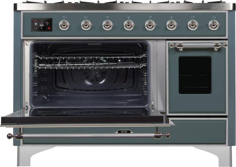 ILVE 48" Majestic II Dual Fuel Range with 8 Sealed Brass Burners and Griddle - 5.62 cu. ft. Oven - in Blue Grey with Chrome Trim (UM12FDNS3BGC) Ranges ILVE 