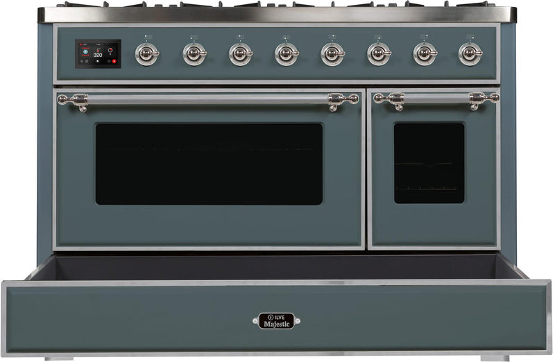 ILVE 48" Majestic II Dual Fuel Range with 8 Sealed Brass Burners and Griddle - 5.62 cu. ft. Oven - in Blue Grey with Chrome Trim (UM12FDNS3BGC) Ranges ILVE 