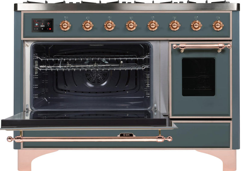 ILVE 48" Majestic II Dual Fuel Range with 8 Sealed Brass Burners and Griddle - 5.62 cu. ft. Oven in Blue Grey with Copper Trim (UM12FDNS3BGP) Ranges ILVE 