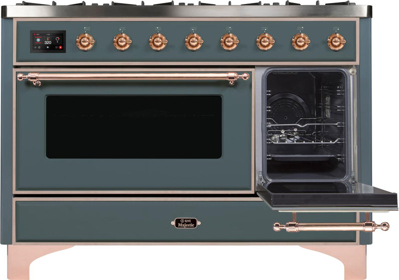 ILVE 48" Majestic II Dual Fuel Range with 8 Sealed Brass Burners and Griddle - 5.62 cu. ft. Oven in Blue Grey with Copper Trim (UM12FDNS3BGP) Ranges ILVE 