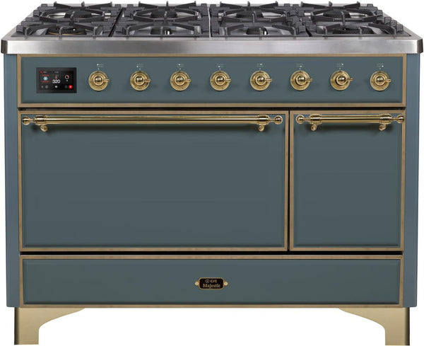 ILVE 48" Majestic II Series Freestanding Dual Fuel Double Oven Range with 8 Sealed Burners in Blue Grey with Brass Trim (UM12FDQNS3BGG) Ranges ILVE 