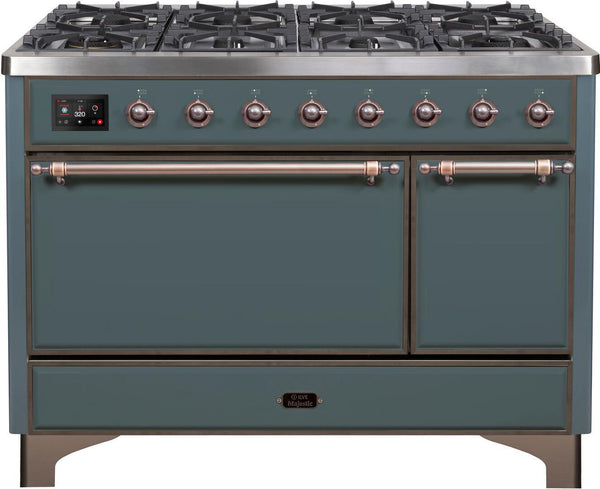 ILVE 48" Majestic II Series Freestanding Dual Fuel Double Oven Range with 8 Sealed Burners in Blue Grey with Bronze Trim (UM12FDQNS3BGB) Ranges ILVE 