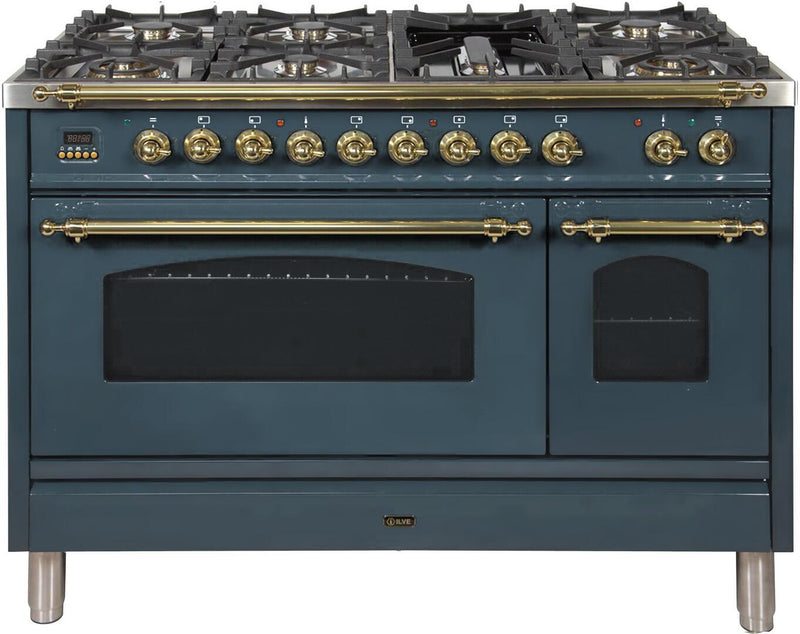 ILVE 48" Nostalgie - Dual Fuel Range with 7 Sealed Brass Burners - 5 cu. ft. Oven in Blue Grey with Brass Trim (UPN120FDMPGU) Ranges ILVE 
