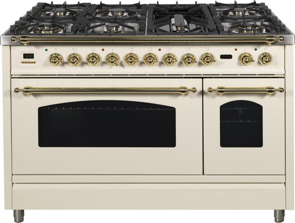 ILVE 48" Nostalgie - Dual Fuel Range with 7 Sealed Burners - 5 - cu. ft. Oven - Griddle with Brass Trim in Antique White (UPN120FDMPA) Ranges ILVE 