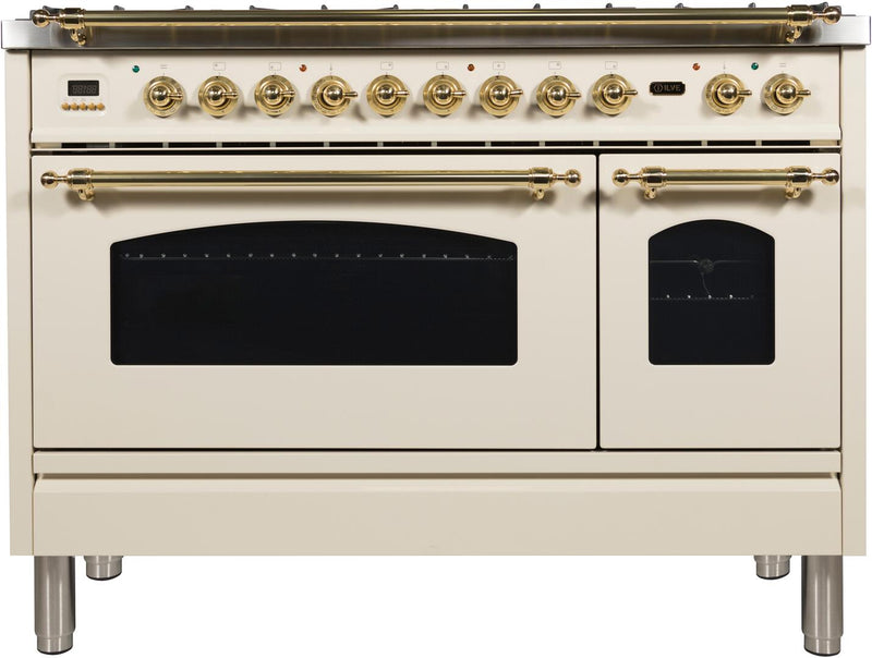 ILVE 48" Nostalgie - Dual Fuel Range with 7 Sealed Burners - 5 - cu. ft. Oven - Griddle with Brass Trim in Antique White (UPN120FDMPA) Ranges ILVE 