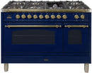 ILVE 48" Nostalgie - Dual Fuel Range with 7 Sealed Burners - 5 cu. ft. Oven - Griddle with Brass Trim in Blue (UPN120FDMPBL) Ranges ILVE 