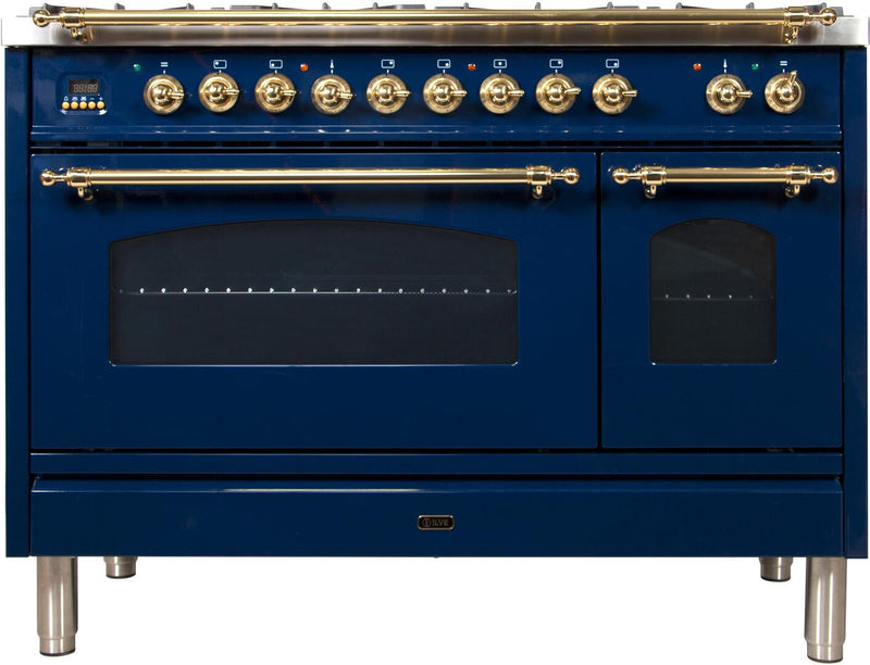 ILVE 48" Nostalgie - Dual Fuel Range with 7 Sealed Burners - 5 cu. ft. Oven - Griddle with Brass Trim in Blue (UPN120FDMPBL) Ranges ILVE 