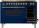 ILVE 48" Nostalgie - Dual Fuel Range with 7 Sealed Burners - 5 cu. ft. Oven - Griddle with Brass Trim in Blue (UPN120FDMPBL) Ranges ILVE 