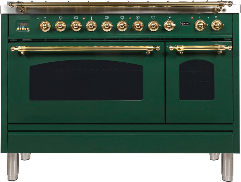 ILVE 48" Nostalgie - Dual Fuel Range with 7 Sealed Burners - 5 cu. ft. Oven - Griddle with Brass Trim in Emerald Green (UPN120FDMPVS) Ranges ILVE 