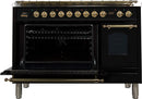 ILVE 48" Nostalgie - Dual Fuel Range with 7 Sealed Burners - 5 cu. ft. Oven - Griddle with Brass Trim in Glossy Black (UPN120FDMPN) Ranges ILVE 