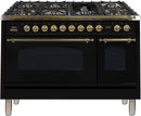 ILVE 48" Nostalgie - Dual Fuel Range with 7 Sealed Burners - 5 cu. ft. Oven - Griddle with Brass Trim in Glossy Black (UPN120FDMPN) Ranges ILVE 