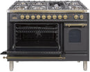 ILVE 48" Nostalgie - Dual Fuel Range with 7 Sealed Burners - 5 cu. ft. Oven - Griddle with Brass Trim in Matte Graphite (UPN120FDMPM) Ranges ILVE 
