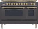 ILVE 48" Nostalgie - Dual Fuel Range with 7 Sealed Burners - 5 cu. ft. Oven - Griddle with Brass Trim in Matte Graphite (UPN120FDMPM) Ranges ILVE 