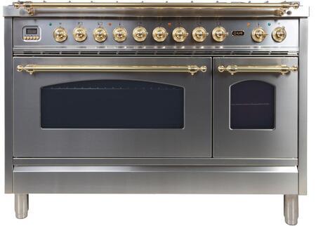 ILVE 48" Nostalgie - Dual Fuel Range with 7 Sealed Burners - 5 cu. ft. Oven - Griddle with Brass Trim in Stainless Steel (UPN120FDMPI) Ranges ILVE 