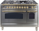 ILVE 48" Nostalgie - Dual Fuel Range with 7 Sealed Burners - 5 cu. ft. Oven - Griddle with Brass Trim in Stainless Steel (UPN120FDMPI) Ranges ILVE 