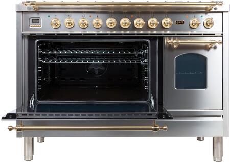 ILVE 48" Nostalgie - Dual Fuel Range with 7 Sealed Burners - 5 cu. ft. Oven - Griddle with Brass Trim in Stainless Steel (UPN120FDMPI) Ranges ILVE 