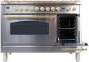 ILVE 48" Nostalgie - Dual Fuel Range with 7 Sealed Burners - 5 cu. ft. Oven - Griddle with Brass Trim in Stainless Steel (UPN120FDMPI) Ranges ILVE 