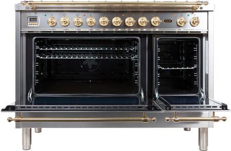 ILVE 48" Nostalgie - Dual Fuel Range with 7 Sealed Burners - 5 cu. ft. Oven - Griddle with Brass Trim in Stainless Steel (UPN120FDMPI) Ranges ILVE 