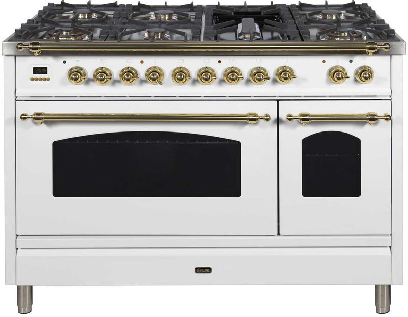 ILVE 48" Nostalgie - Dual Fuel Range with 7 Sealed Burners - 5 cu. ft. Oven - Griddle with Brass Trim in White (UPN120FDMPB) Ranges ILVE 
