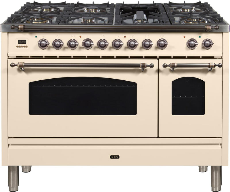 ILVE 48" Nostalgie - Dual Fuel Range with 7 Sealed Burners - 5 cu. ft. Oven - Griddle with Bronze Trim in Antique White (UPN120FDMPAY) Ranges ILVE 