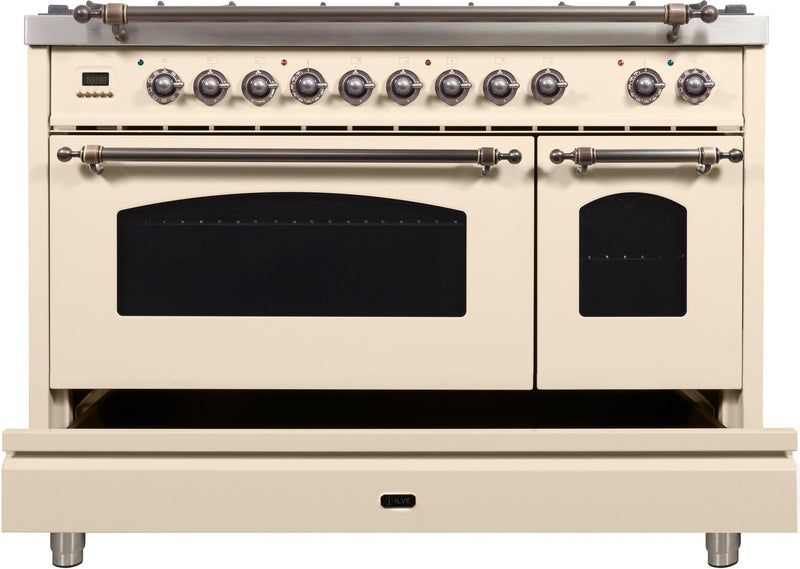 ILVE 48" Nostalgie - Dual Fuel Range with 7 Sealed Burners - 5 cu. ft. Oven - Griddle with Bronze Trim in Antique White (UPN120FDMPAY) Ranges ILVE 