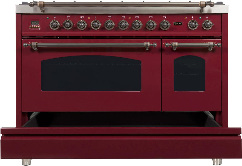 ILVE 48" Nostalgie - Dual Fuel Range with 7 Sealed Burners - 5 cu. ft. Oven - Griddle with Bronze Trim in Burgundy (UPN120FDMPRBY) Ranges ILVE 