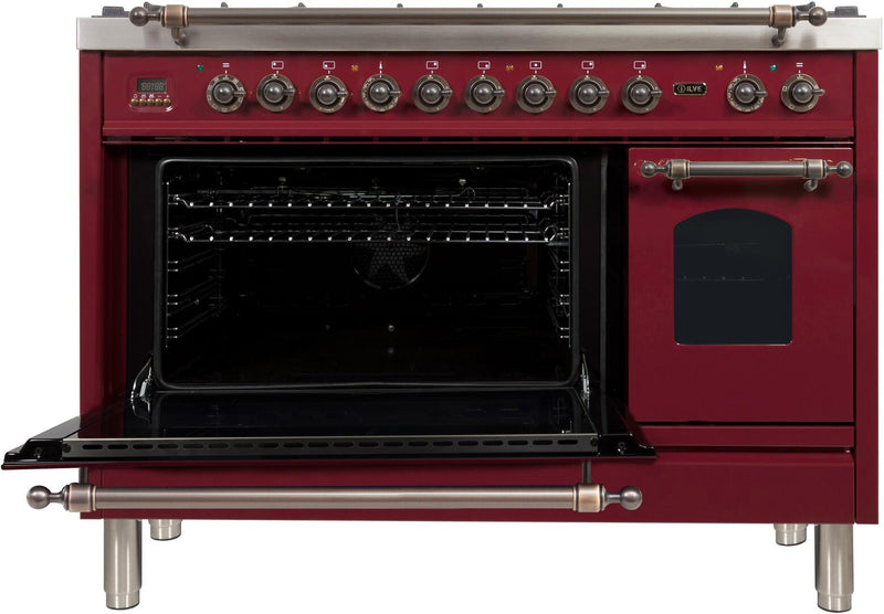 ILVE 48" Nostalgie - Dual Fuel Range with 7 Sealed Burners - 5 cu. ft. Oven - Griddle with Bronze Trim in Burgundy (UPN120FDMPRBY) Ranges ILVE 