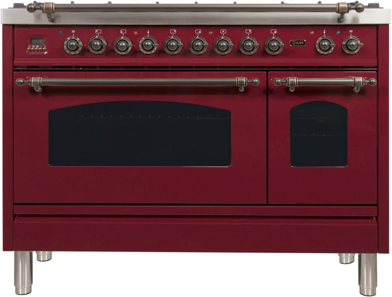 ILVE 48" Nostalgie - Dual Fuel Range with 7 Sealed Burners - 5 cu. ft. Oven - Griddle with Bronze Trim in Burgundy (UPN120FDMPRBY) Ranges ILVE 